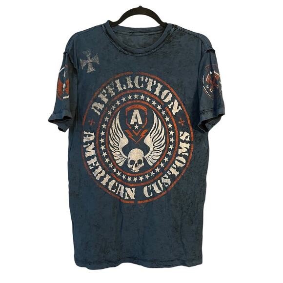 Affliction Graphic T-shirt 2 Sided Cotton Blend Skull & Wings Mens Streetwear - Picture 1 of 8